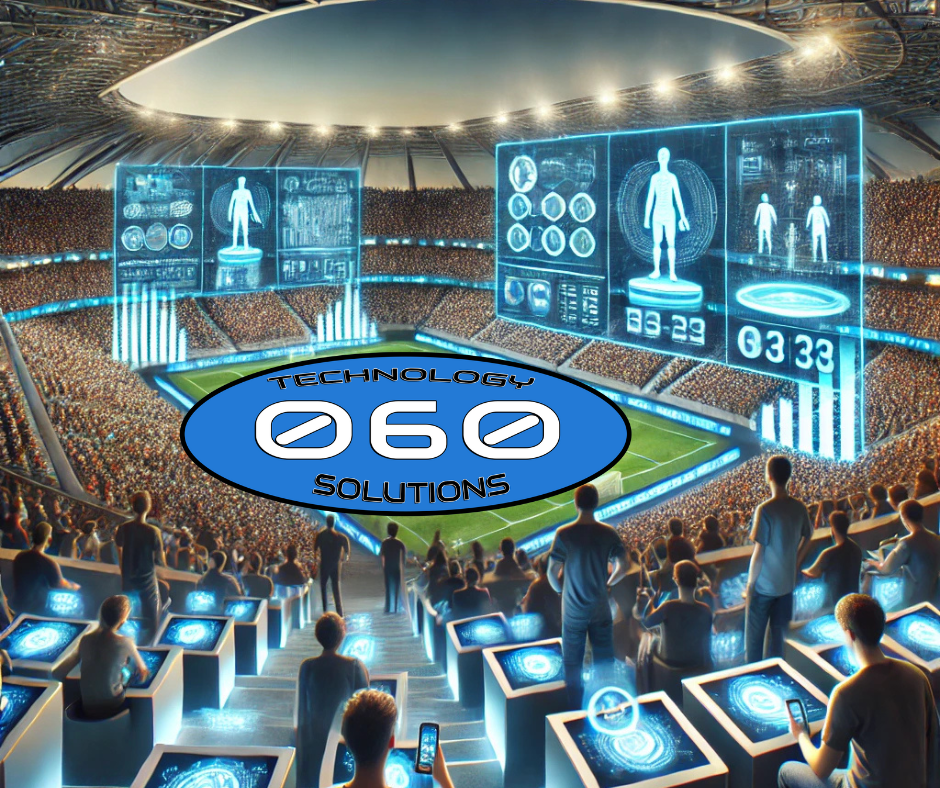 A smart stadium filled with fans using technology like mobile apps, AR headsets, and AI-powered kiosks, showcasing how technology is transforming sports