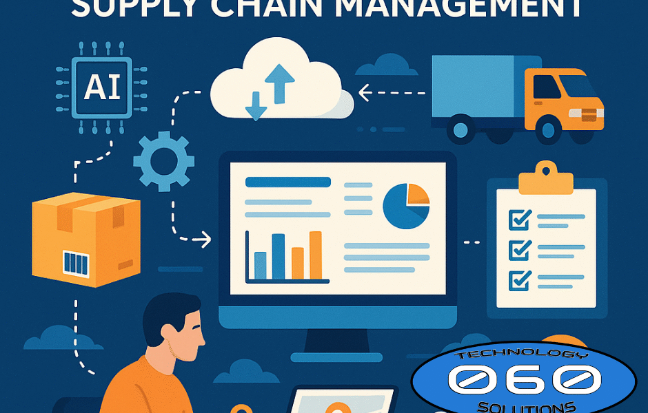 "Digital illustration of IT in logistics and supply chain featuring AI, cloud storage, and GPS tracking"