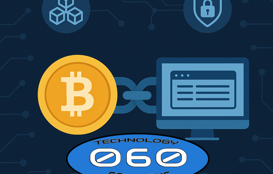 Flat-style infographic showing a Bitcoin icon linked to a computer symbol, surrounded by icons for blockchain, cybersecurity, decentralized finance, and AI, illustrating the connection between cryptocurrency and information technology.