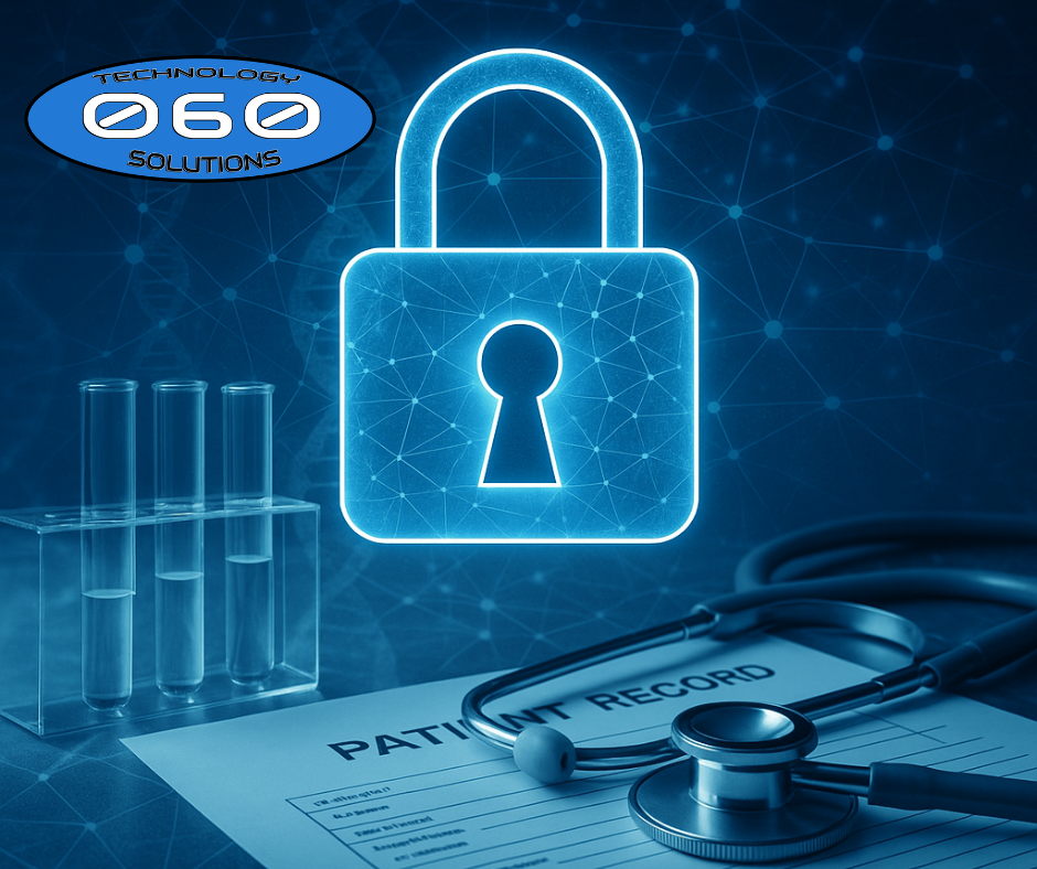 “Pharmaceutical data security with glowing lock symbol, patient records, test tubes, and stethoscope on a digital healthcare background.”