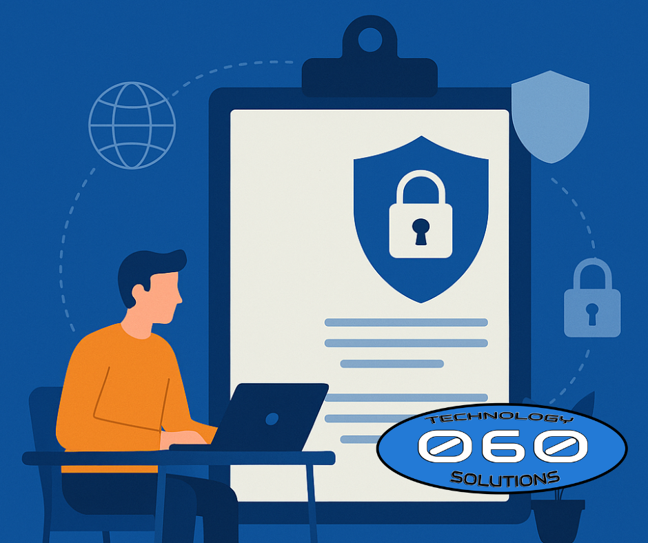 Illustration of a government contractor working on a laptop with cybersecurity icons, a clipboard with compliance checkmarks, and shield lock symbol, representing IT services for government contractors.