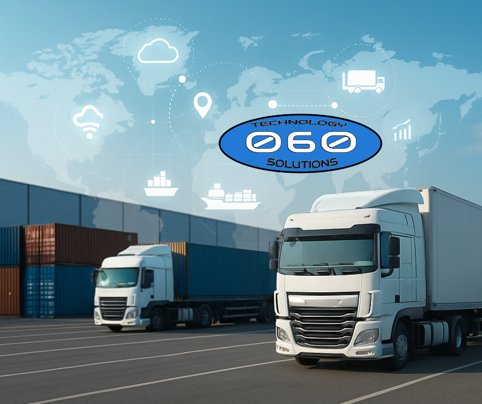 Freight trucks at a logistics hub with global digital tracking overlays representing Managed IT Services for logistics companies.