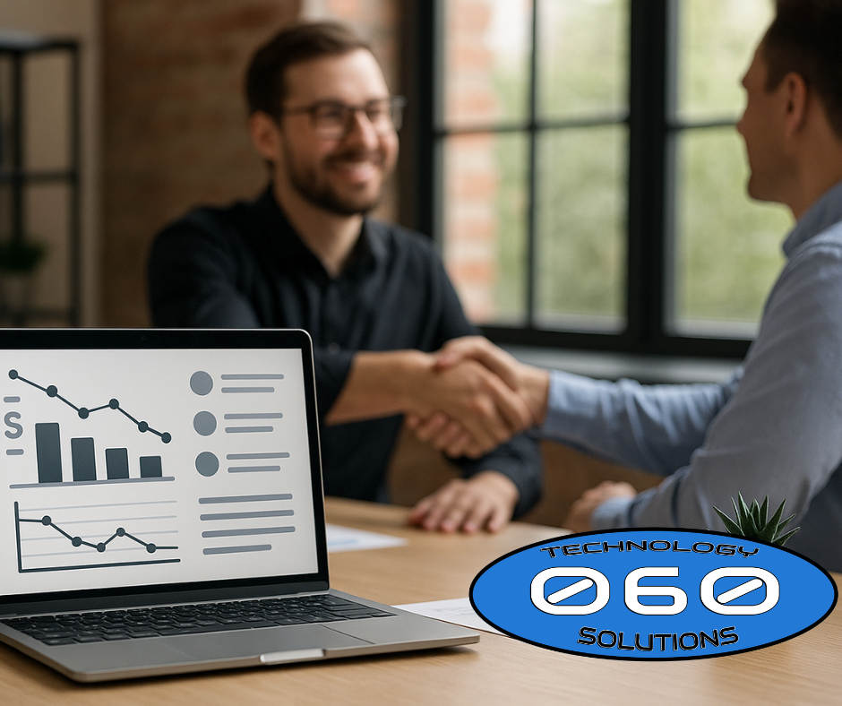 Laptop showing financial graphs with two business professionals shaking hands in a modern office, representing managed IT services savings for small businesses.
