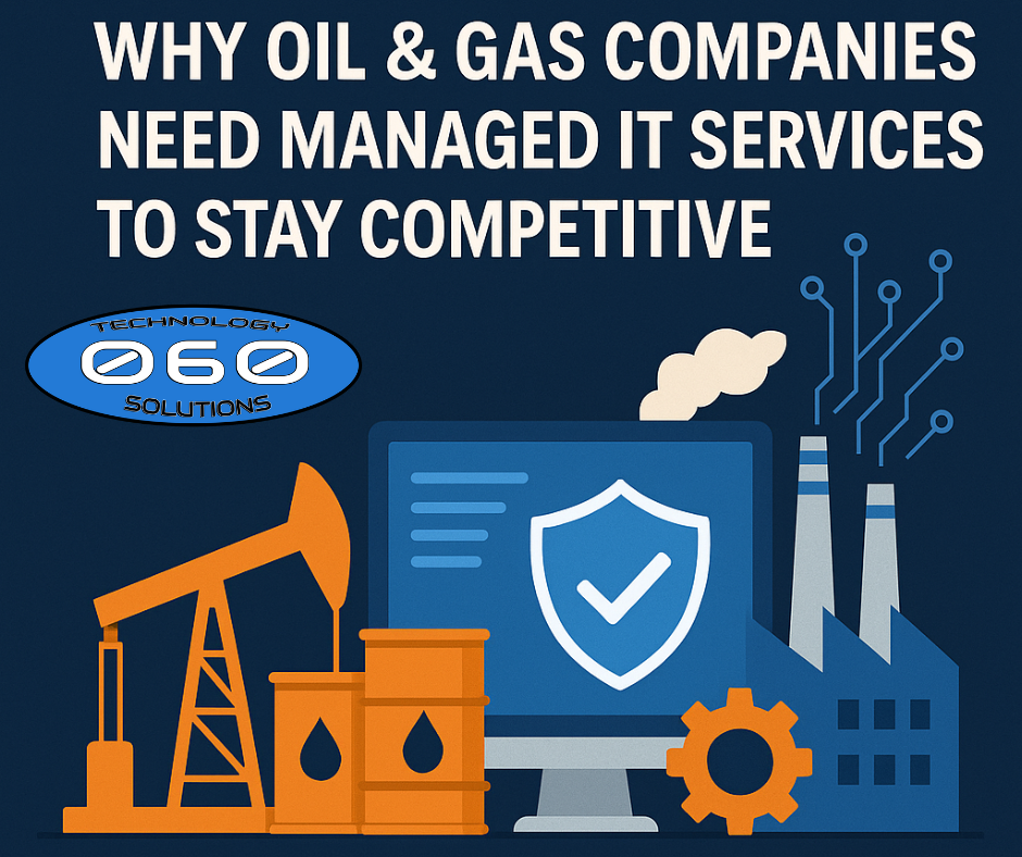 “Illustration of oil rigs, refinery, and barrels integrated with digital IT symbols like a computer shield and network lines, representing managed IT services for oil and gas companies.”