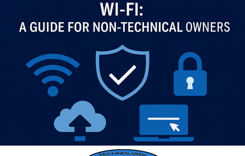 “Business Wi‑Fi security graphic showing Wi‑Fi signal, shield, lock, cloud, and laptop icons representing secure business networks.”