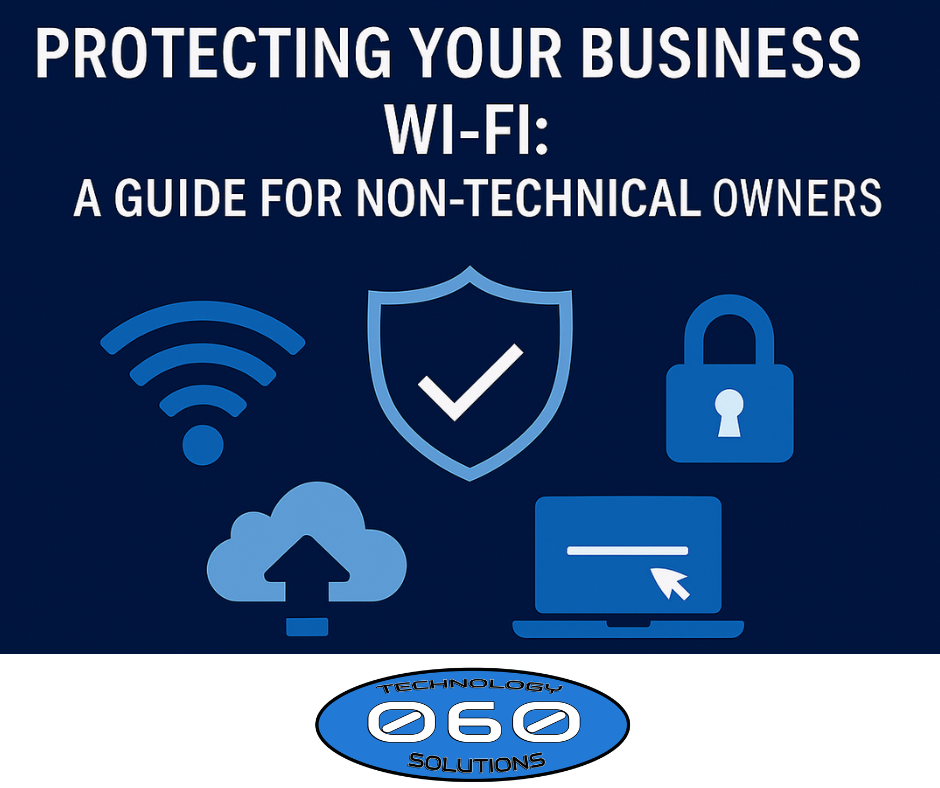 “Business Wi‑Fi security graphic showing Wi‑Fi signal, shield, lock, cloud, and laptop icons representing secure business networks.”