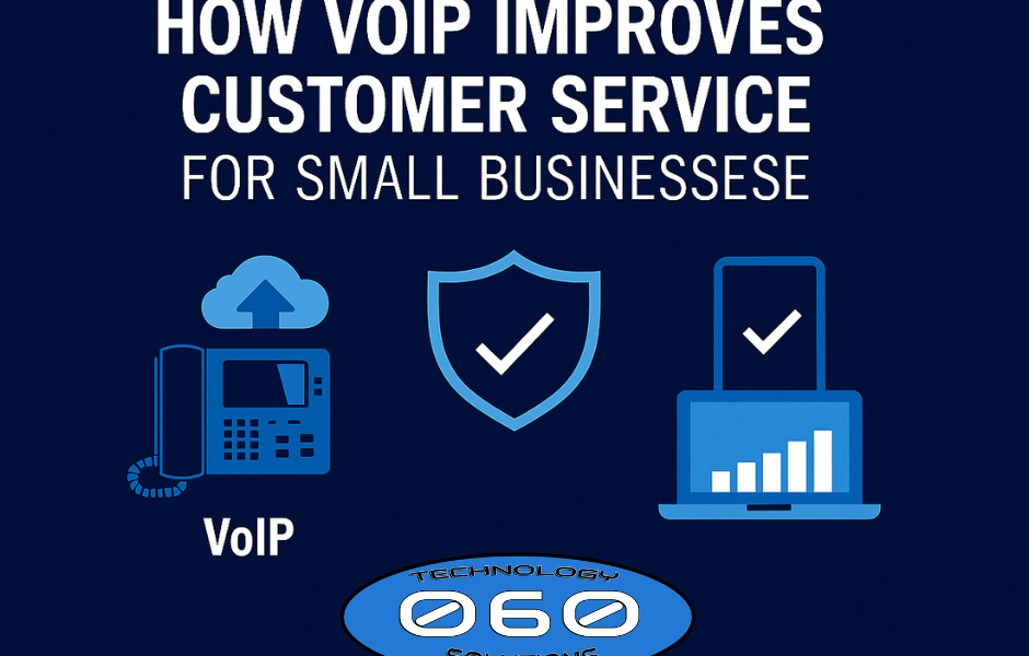“Illustration showing how VoIP improves customer service for small businesses with cloud calling, security, and performance icons.”