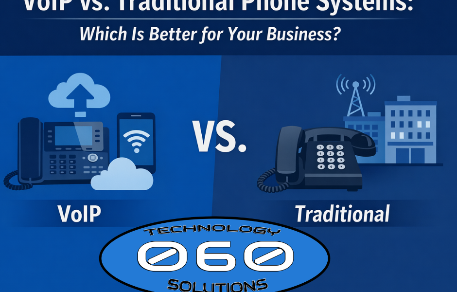 “Comparison graphic showing VoIP phone system versus traditional landline phone system for business communication.”