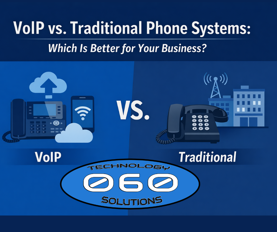 “Comparison graphic showing VoIP phone system versus traditional landline phone system for business communication.”