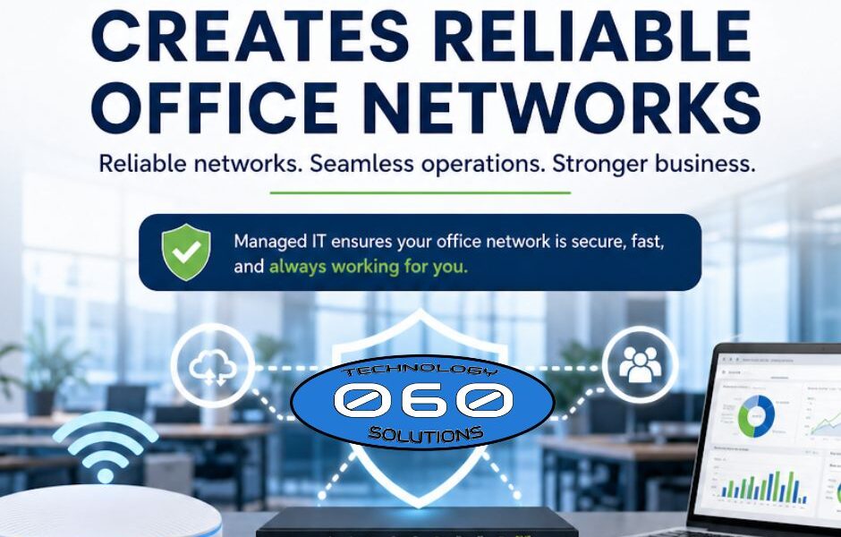 Professional infographic showing how Managed IT Services create reliable office networks through proactive monitoring, security, and support.