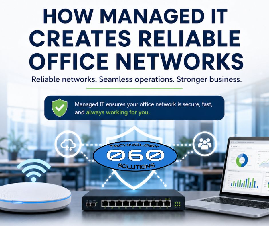 Professional infographic showing how Managed IT Services create reliable office networks through proactive monitoring, security, and support.