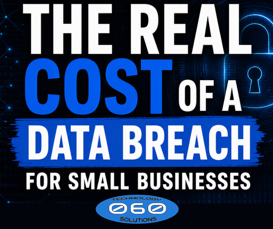 Dark modern cybersecurity background with headline “The Real Cost of a Data Breach for Small Businesses” in blue, black, and white colors.